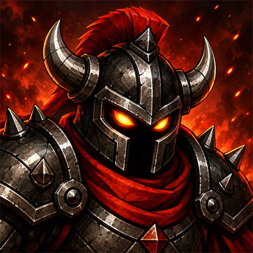 Butthurt Crusade artwork: an armoured warrior with glowing eyes