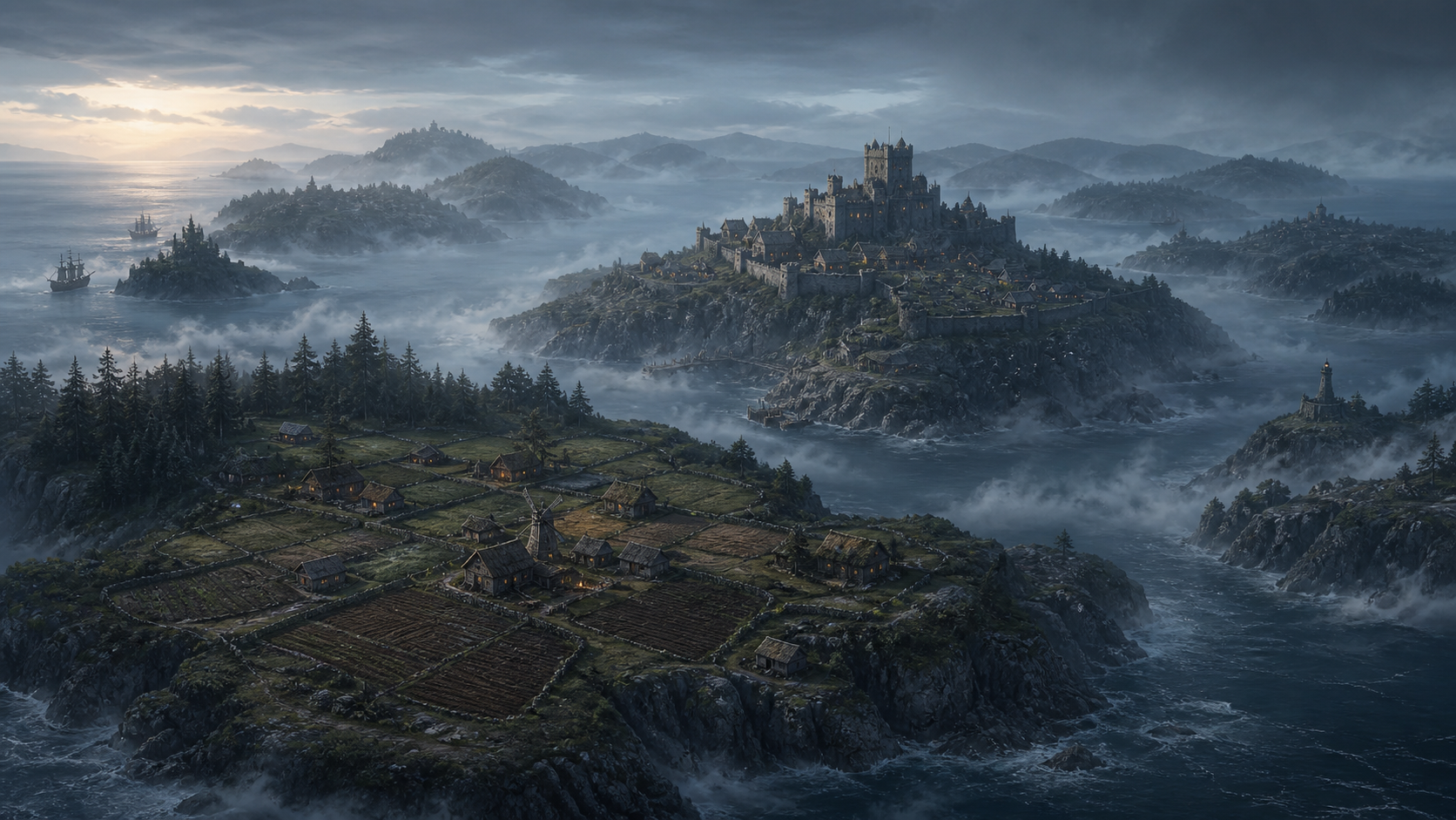 Island settlements in a misty archipelago concept