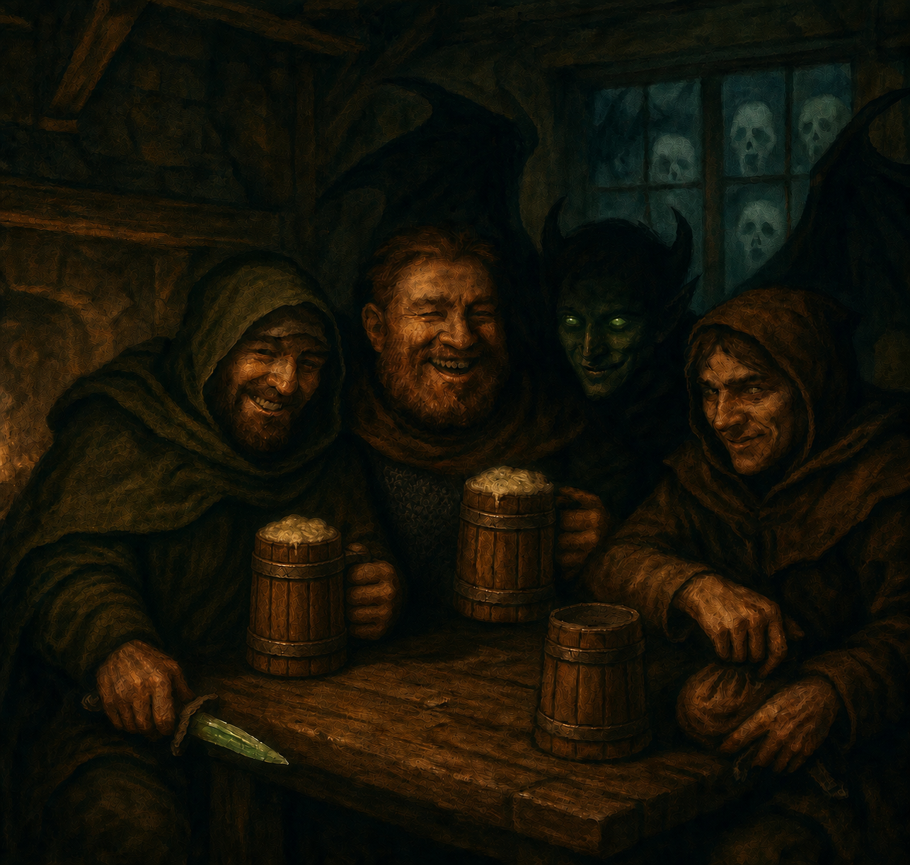 Fantasy tavern concept art with a hidden necromancer among adventurers
