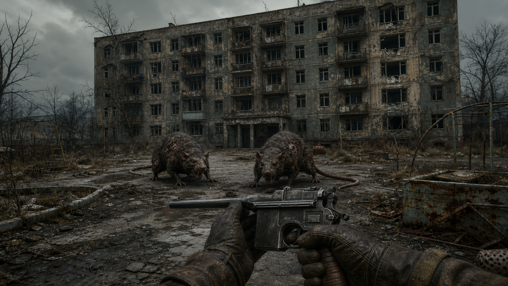 Scrap-Seed concept art: a scavenger faces creatures in an abandoned settlement