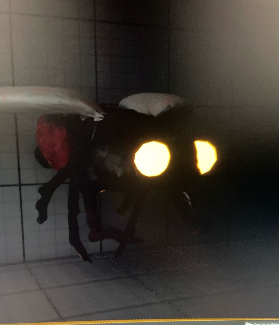 A stylised insect model with glowing eyes